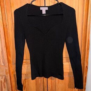 H&M - Black, Ribbed, Long Sleeve, Sweetheart Neck Sweater - Size US S
